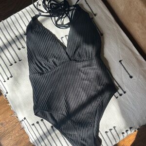 Black Ribbed Halter Swimsuit